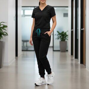 FIGS Women's Zamora Jogger Scrub Pants Black Teal Drawstring Small Capsule EUC